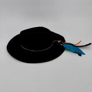 Free People Black 100% Wool Fedora Wide Rim Hat Feather Boho Festival Western